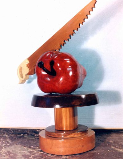 "Apple w/ Saw" 1993 STAINED PINE, WALNUT, BROWN CEDAR, 4' 6" H