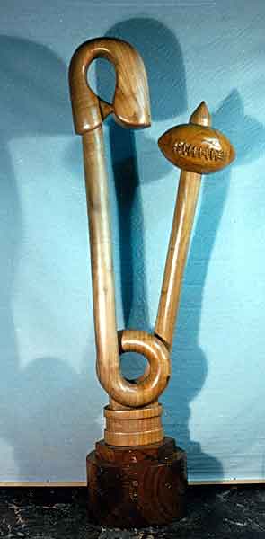 "Safety Pin (large with Football)" 1989 WILLOW, WHITE CEDAR, WESTERN CEDAR base; 6' 6" H